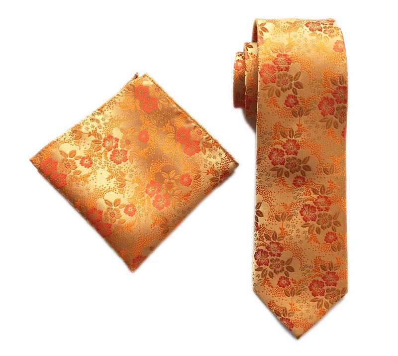 Ctskyte Mens Orange Yellow Tie Floral Woven Silk Formal Self Necktie Fashion Accessories - Image 1
